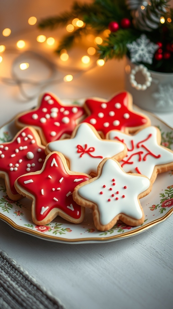 A plate of red and white iced Christmas cookies in a festive holiday setting.